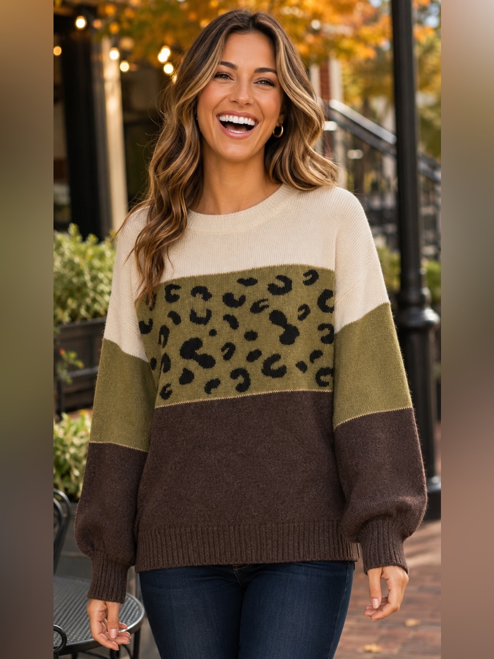 Davi & Dani Color Block Leopard Print Sweater Cream Olive Brown Knit Small